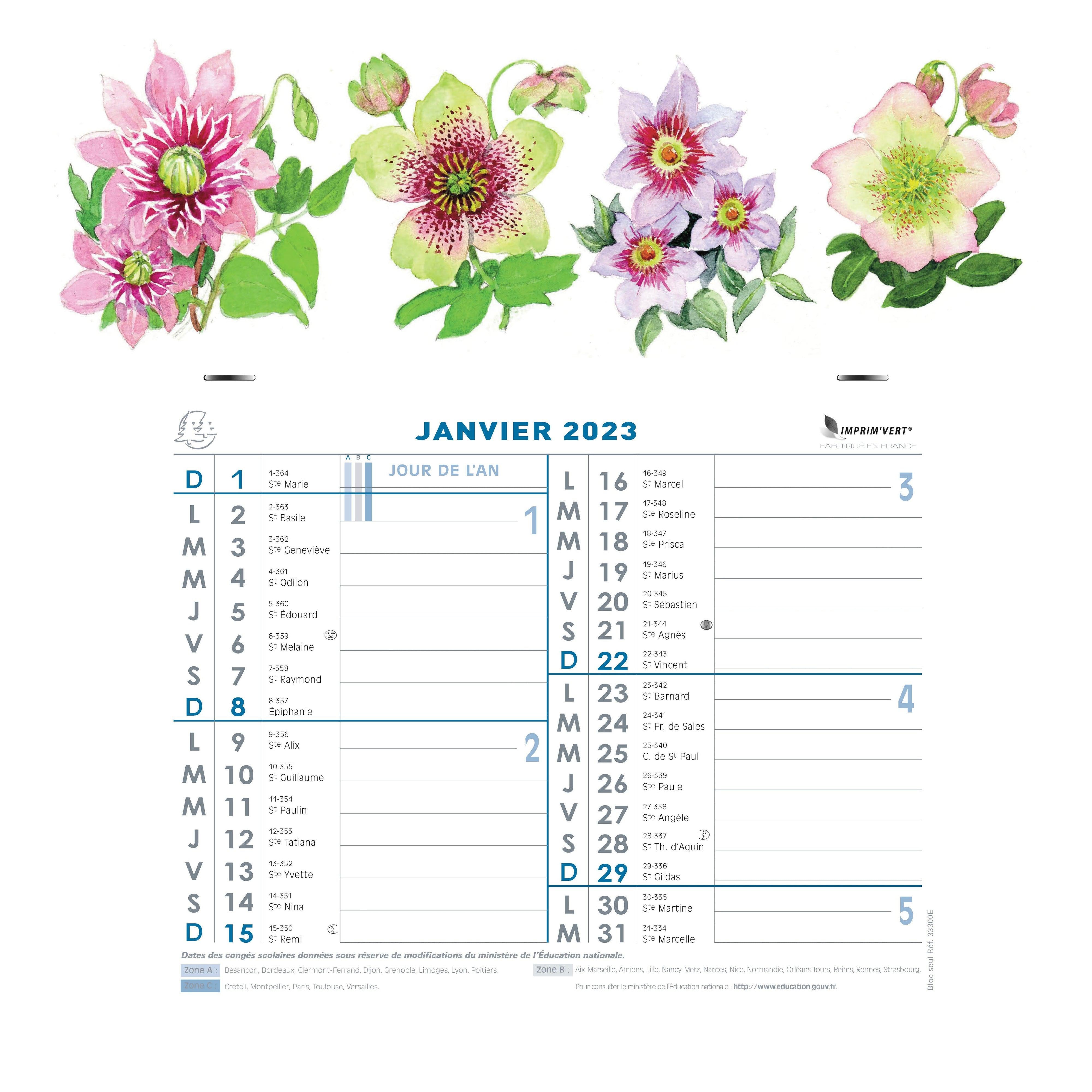Calendrier mensuel Fleurs avec feuillets détachables 13 x 23 cm