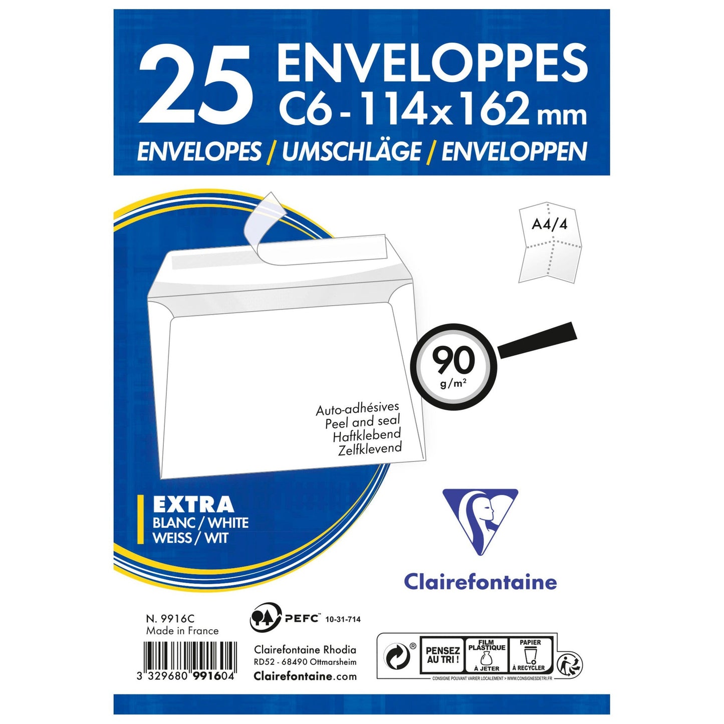 CLT Enveloppes Adhéclair-Enveloppes-Clairefontaine-114 x 162 mm-Papeterie du Dôme