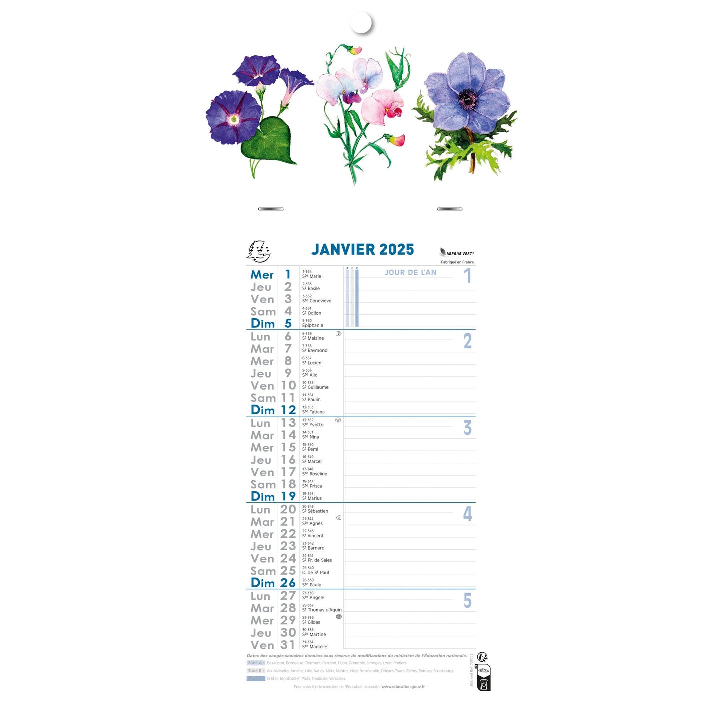 EXA Calendrier Mensuel Fleurs Feuillets Détachables 19x41-Calendrier-Exacompta-2025-Couleur Aléatoire-Papeterie du Dôme