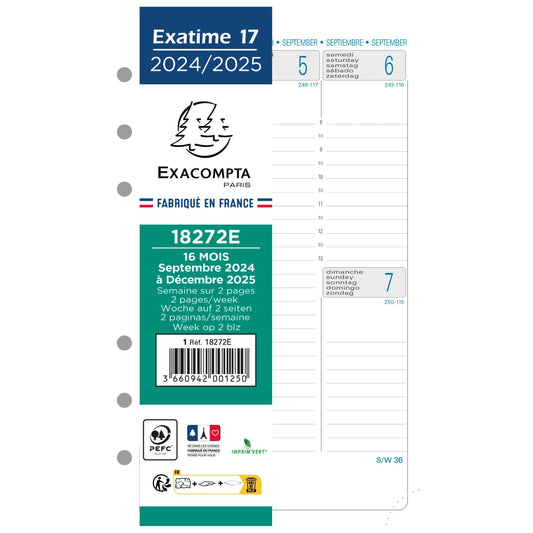 EXA Recharge Exatime 17 Semainier Verticale SAD-Recharge Agenda-Exacompta-2024-2025-Papeterie du Dôme
