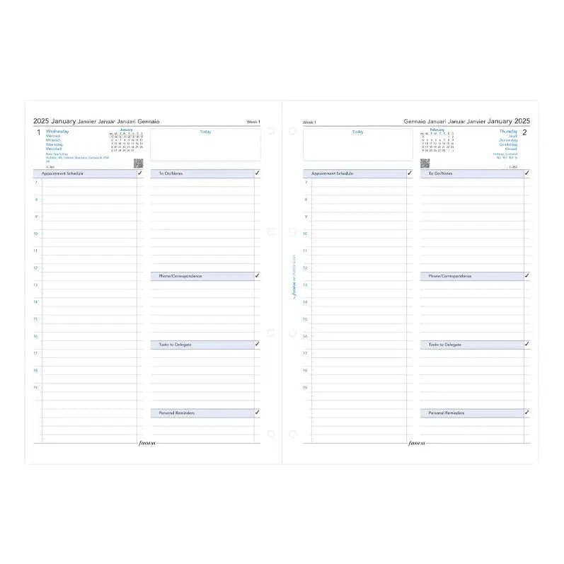 FFX A4 Agenda Business 1Jour/Page 5 Langues avec Heures FILOFAX-Recharge-Filofax-2025-Papeterie du Dôme