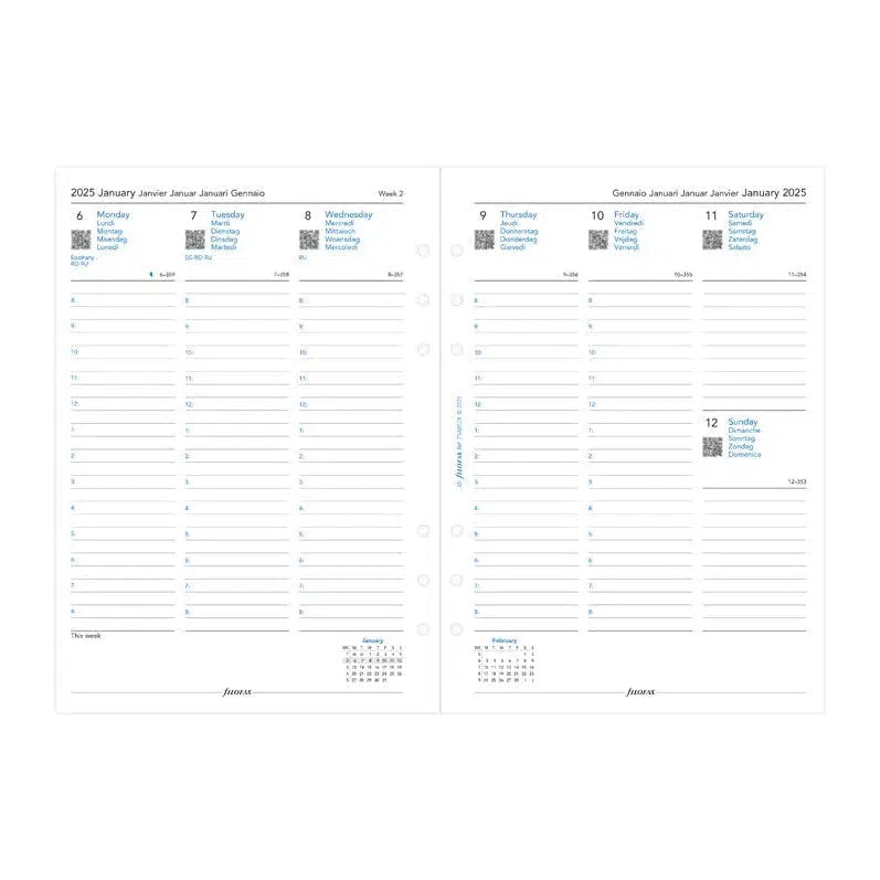 FFX A5 Agenda Semaine/2 Pages Verticale 5 Langues avec Heures FILOFAX-Recharge Agenda-Filofax-2025-Papeterie du Dôme