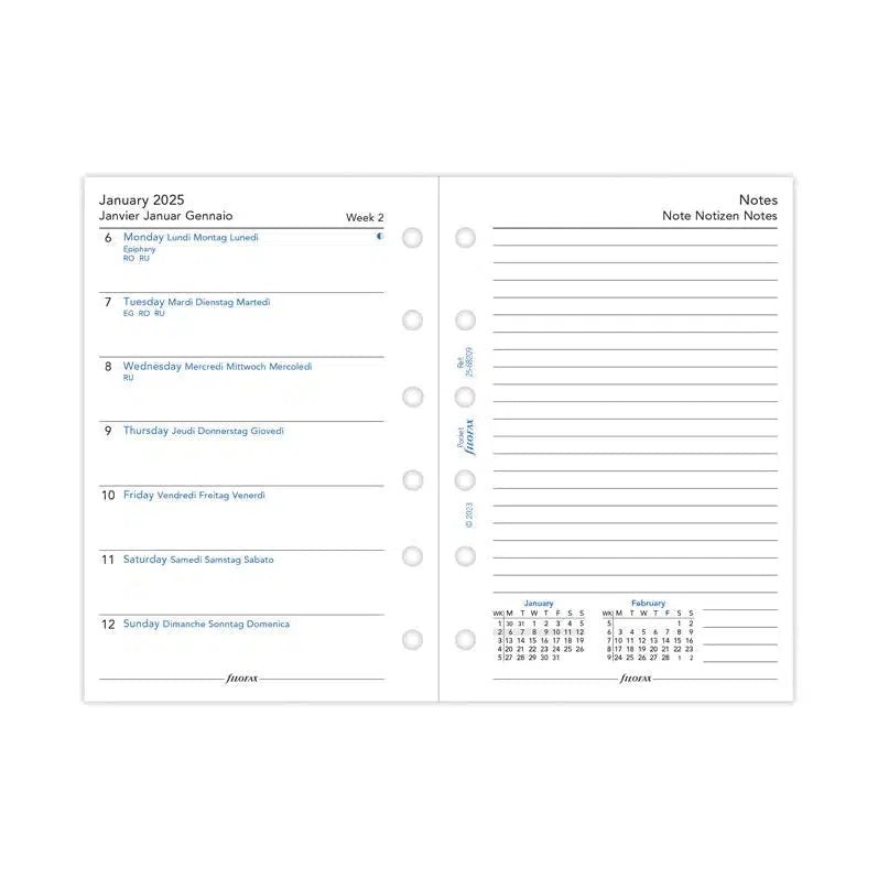 FFX Pocket Agenda semaine/1page + Notes 4 langues sans heures FILOFAX-Recharge Agenda-Filofax-2025-Papeterie du Dôme