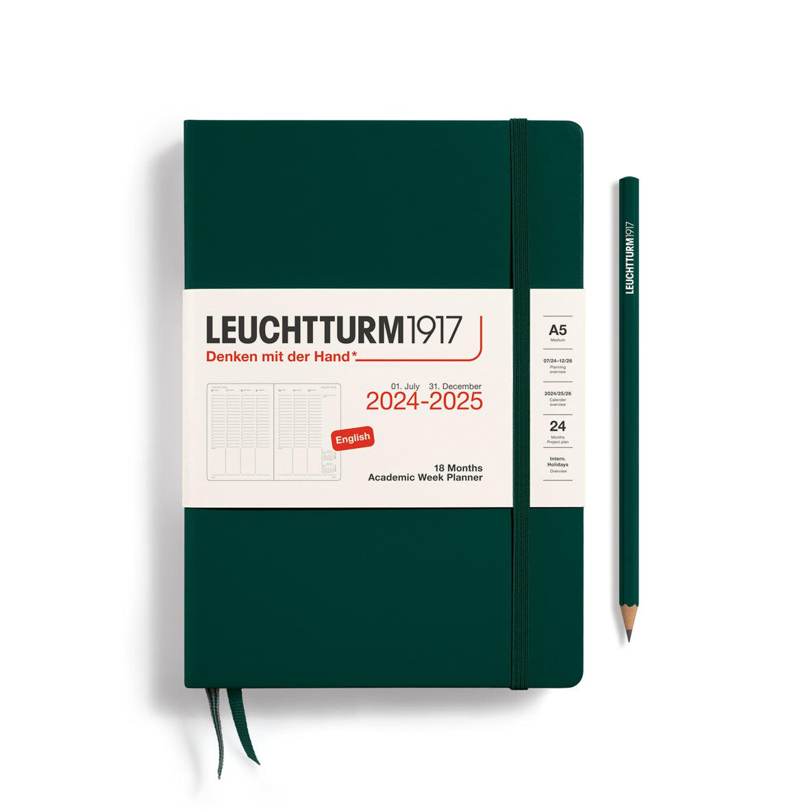 LCHT A5 Agenda Planificateur Universitaire 18 mois Vertical Rigide - Anglais-Agenda-Leuchtturm 1917-2024-2025-Forest Green-A5-Papeterie du Dôme