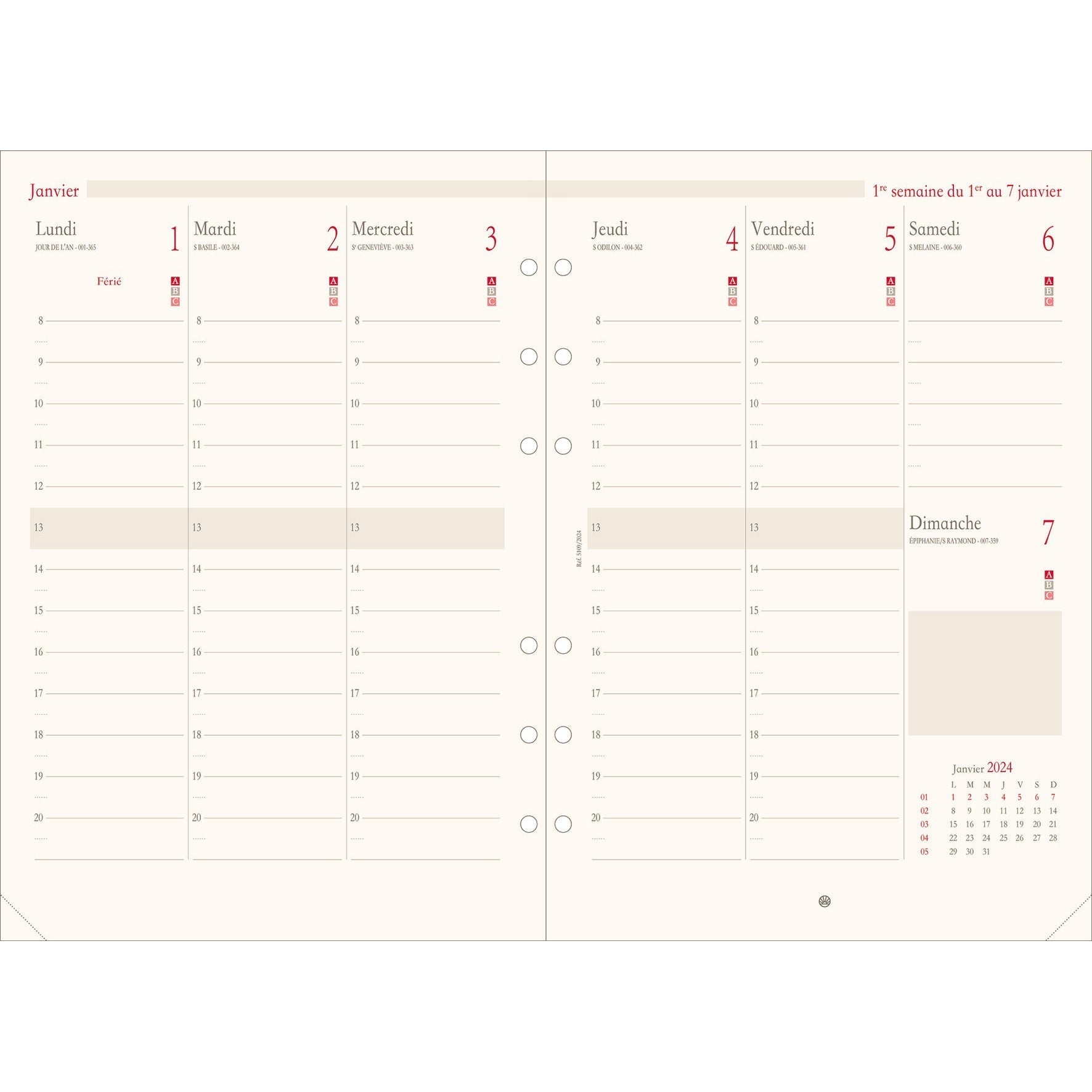 OBE Recharge Agenda Format 21 Semainier Vertical-Recharge Agenda-Oberthur-Papeterie du Dôme